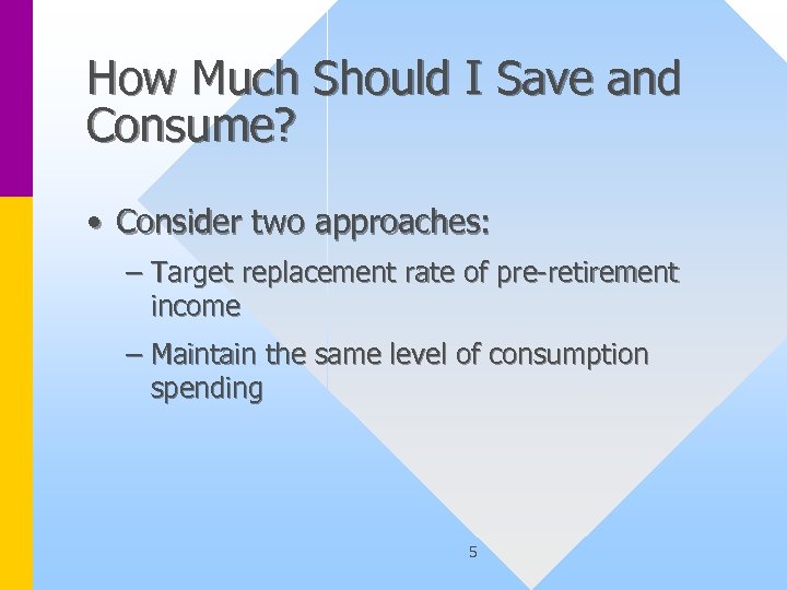 How Much Should I Save and Consume? • Consider two approaches: – Target replacement