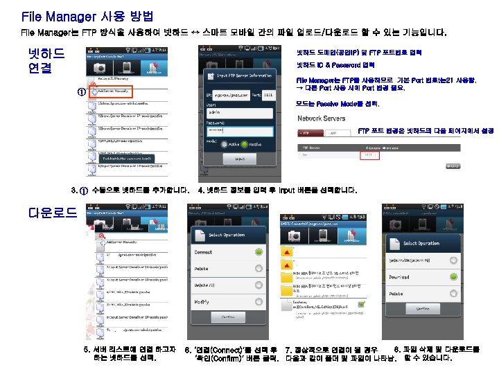 File Manager 사용 방법 File Manager는 FTP 방식을 사용하여 넷하드 ↔ 스마트 모바일 간의