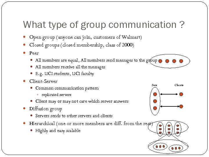 What type of group communication ? Open group (anyone can join, customers of Walmart)