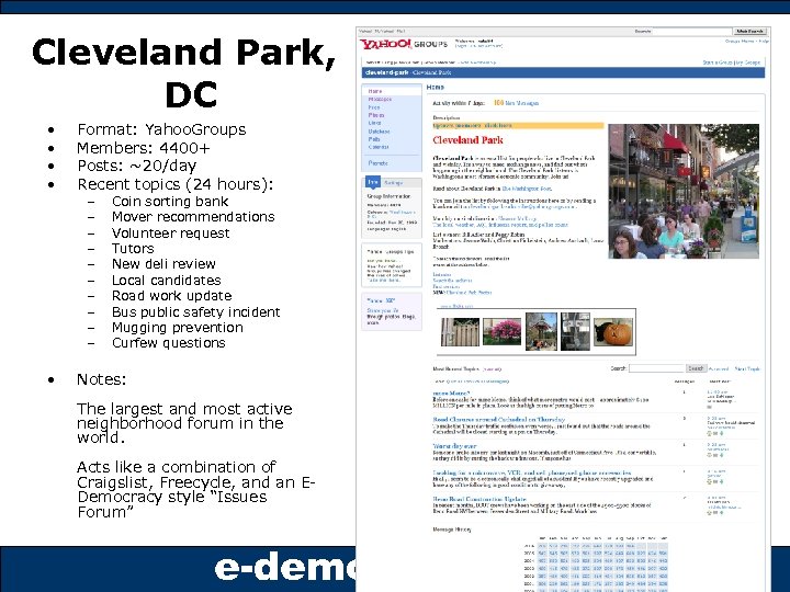 Cleveland Park, DC • • Format: Yahoo. Groups Members: 4400+ Posts: ~20/day Recent topics