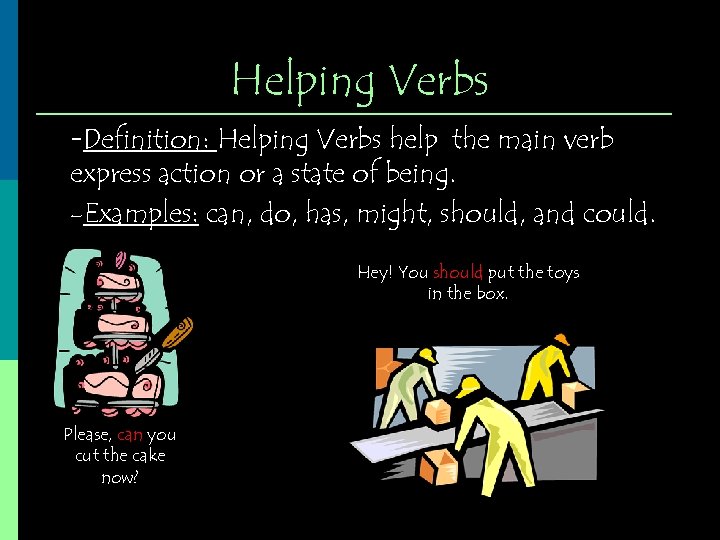 Helping Verbs -Definition: Helping Verbs help the main verb express action or a state