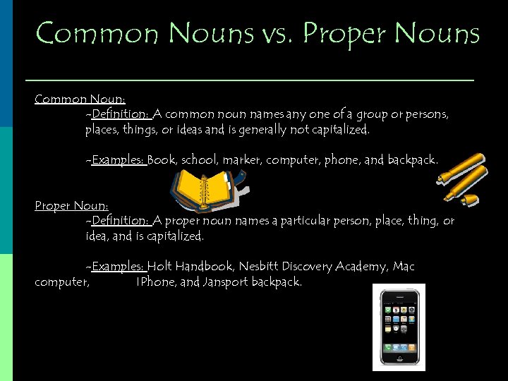 Common Nouns vs. Proper Nouns Common Noun: -Definition: A common noun names any one
