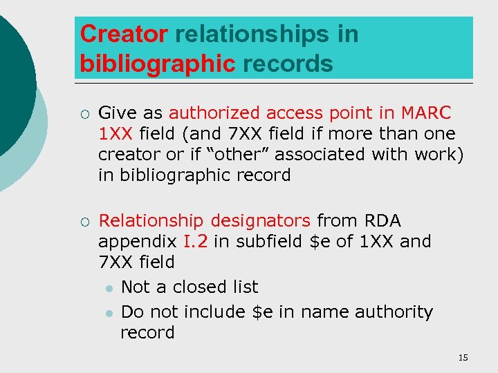 Creator relationships in bibliographic records ¡ Give as authorized access point in MARC 1