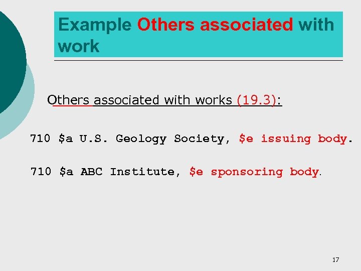 Example Others associated with works (19. 3): 710 $a U. S. Geology Society, $e