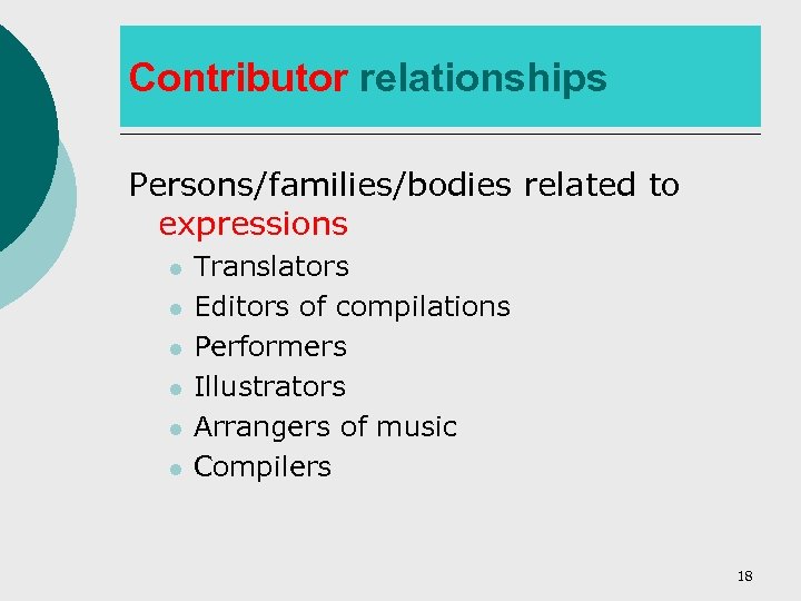 Contributor relationships Persons/families/bodies related to expressions l l l Translators Editors of compilations Performers