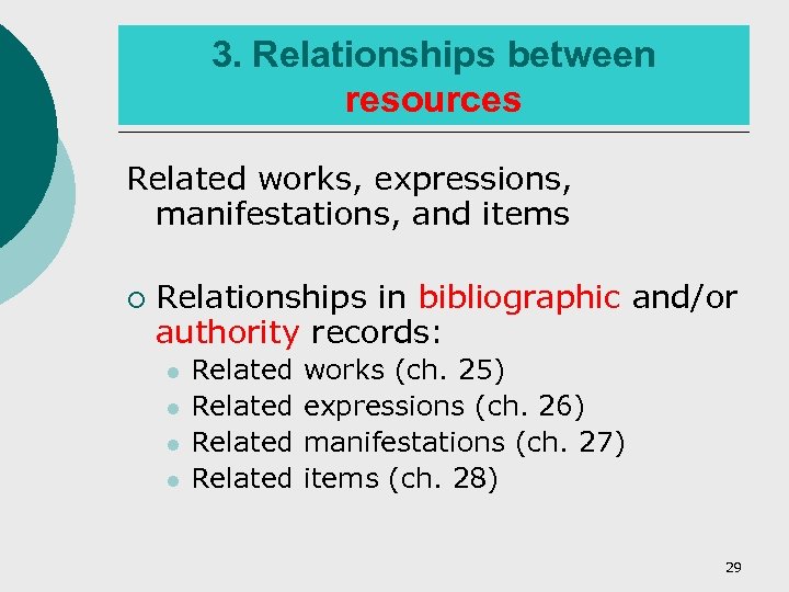 3. Relationships between resources Related works, expressions, manifestations, and items ¡ Relationships in bibliographic