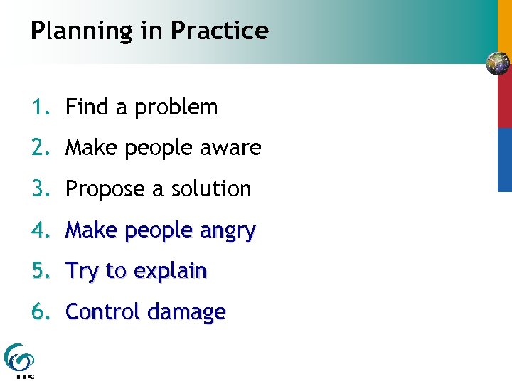 Planning in Practice 1. Find a problem 2. Make people aware 3. Propose a