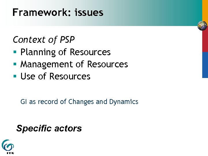 Framework: issues Context of PSP § Planning of Resources § Management of Resources §