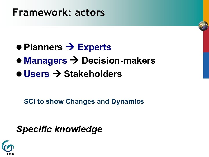 Framework: actors l Planners Experts l Managers Decision-makers l Users Stakeholders SCI to show