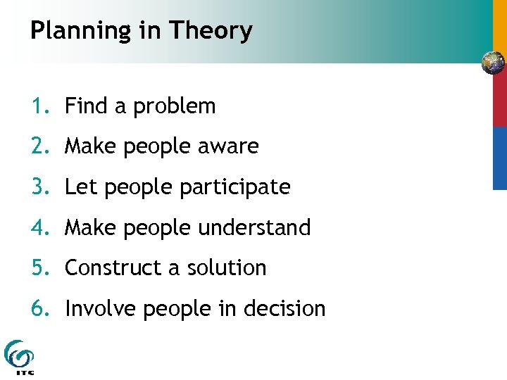 Planning in Theory 1. Find a problem 2. Make people aware 3. Let people