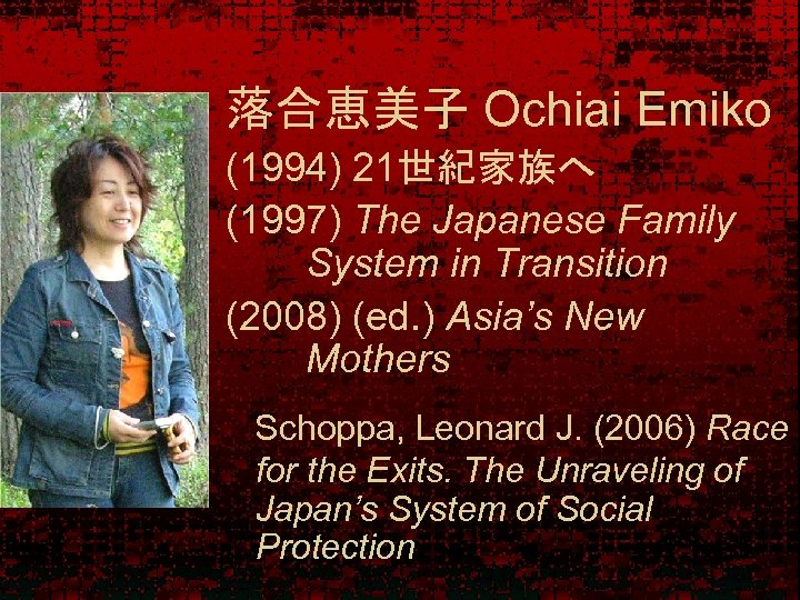 落合恵美子 Ochiai Emiko (1994) 21世紀家族へ (1997) The Japanese Family System in Transition (2008) (ed.