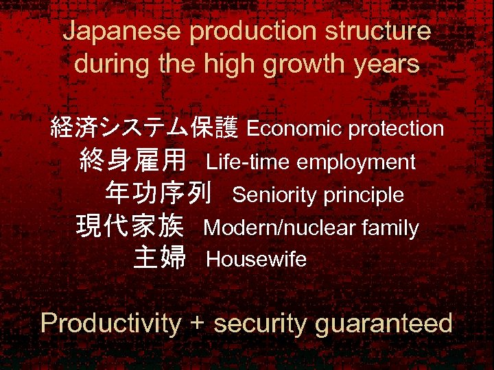 Japanese production structure during the high growth years 経済システム保護 Economic protection 終身雇用　Life-time employment 　年功序列　Seniority