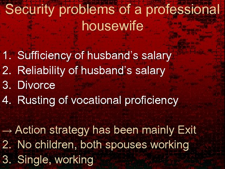 Security problems of a professional housewife 1. 2. 3. 4. Sufficiency of husband’s salary