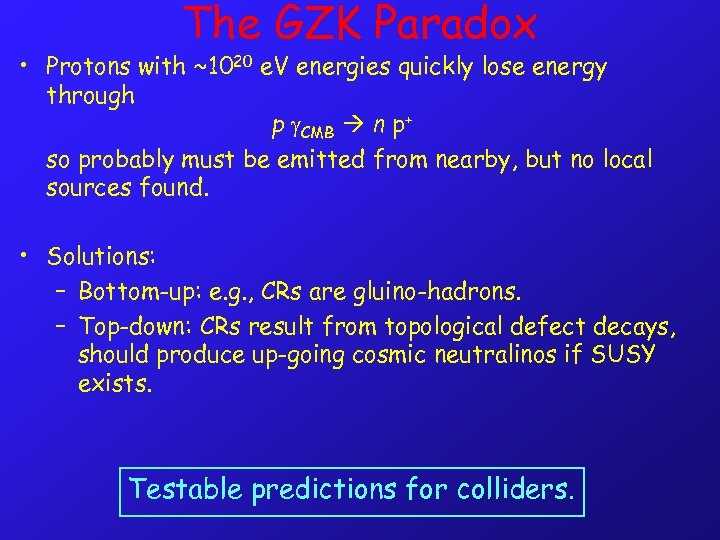 The GZK Paradox • Protons with ~1020 e. V energies quickly lose energy through