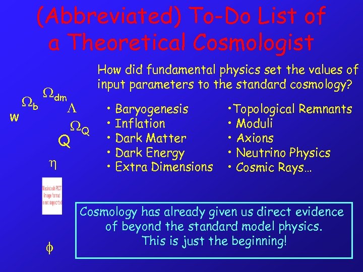 (Abbreviated) To-Do List of a Theoretical Cosmologist w b dm How did fundamental physics