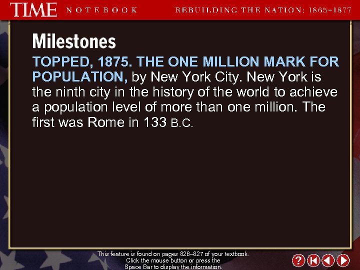 TOPPED, 1875. THE ONE MILLION MARK FOR POPULATION, by New York City. New York