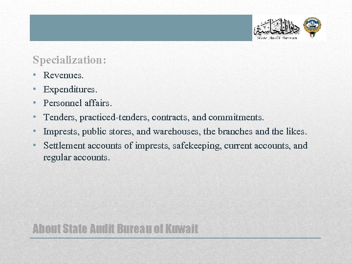 Specialization: • • • Revenues. Expenditures. Personnel affairs. Tenders, practiced-tenders, contracts, and commitments. Imprests,