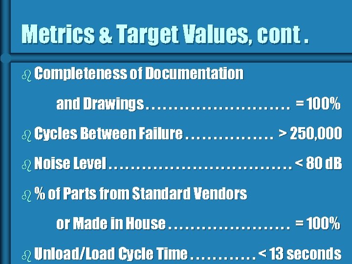 Metrics & Target Values, cont. b Completeness of Documentation and Drawings. . . =