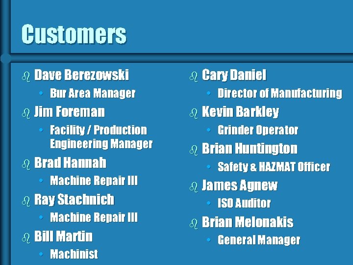 Customers b Dave Berezowski • Bur Area Manager b Jim Foreman • Facility /