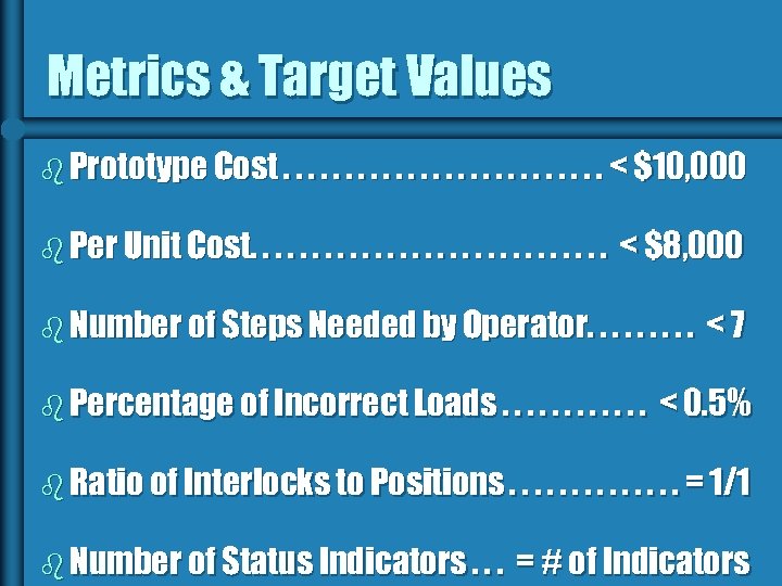 Metrics & Target Values b Prototype Cost. . . < $10, 000 b Per