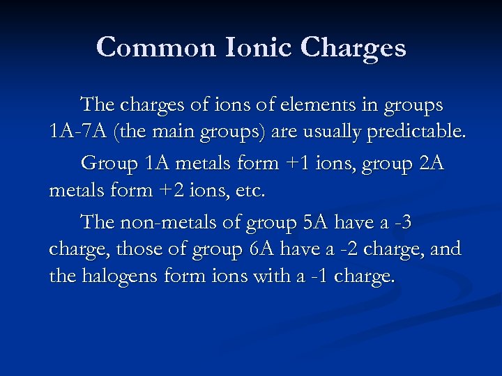 Common Ionic Charges The charges of ions of elements in groups 1 A-7 A