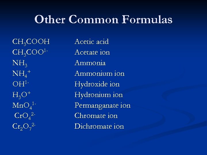 Other Common Formulas CH 3 COOH CH 3 COO 1 NH 3 NH 4+