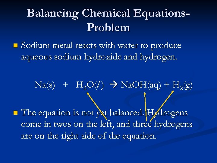Balancing Chemical Equations. Problem n Sodium metal reacts with water to produce aqueous sodium