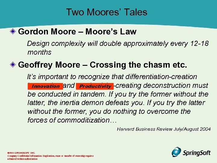 Two Moores’ Tales Gordon Moore – Moore’s Law Design complexity will double approximately every