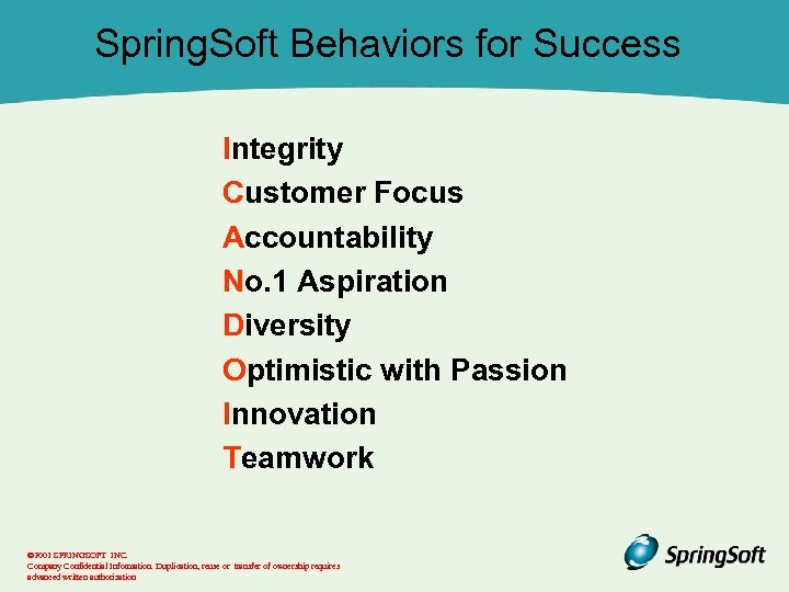 Spring. Soft Behaviors for Success Integrity Customer Focus Accountability No. 1 Aspiration Diversity Optimistic