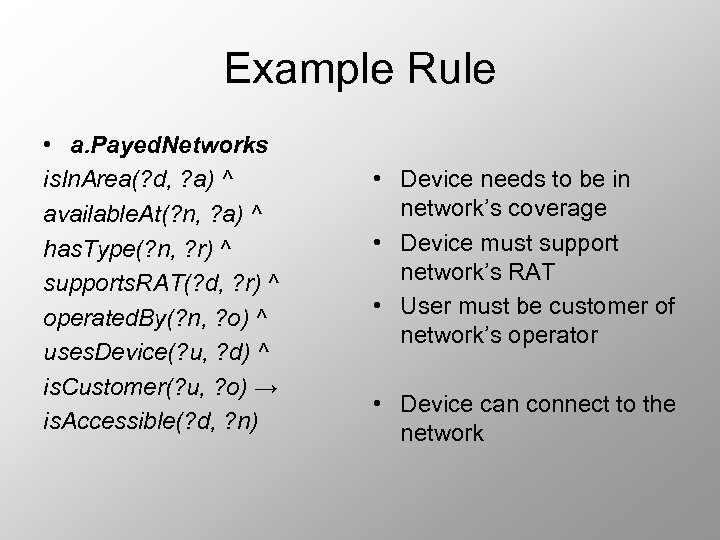 Example Rule • a. Payed. Networks is. In. Area(? d, ? a) ^ available.