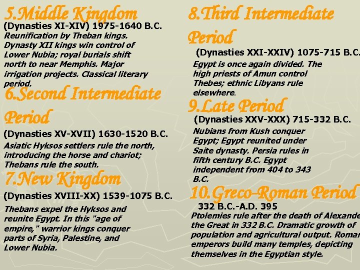 5. Middle Kingdom B. C. (Dynasties XI-XIV) 1975 -1640 Reunification by Theban kings. Dynasty