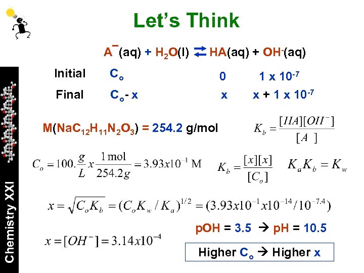 Let’s Think A (aq) + H 2 O(l) Initial Co Final HA(aq) + OH-(aq)