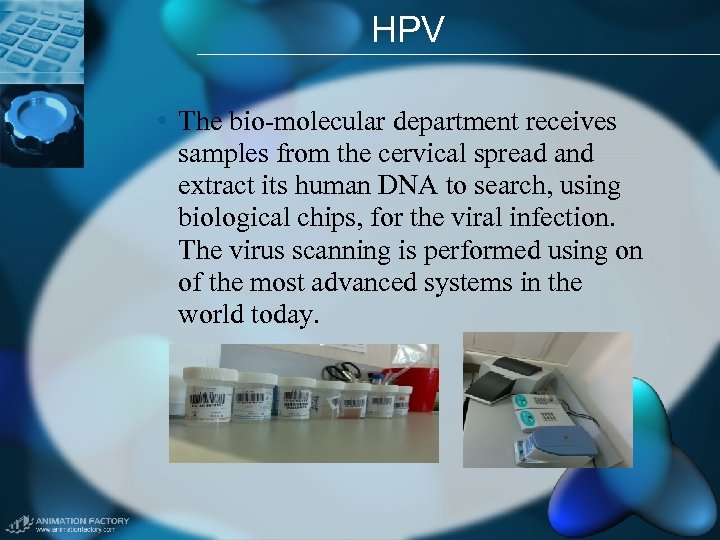 HPV • The bio-molecular department receives samples from the cervical spread and extract its