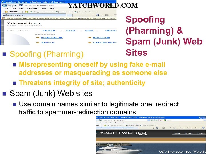 YATCHWORLD. COM n Spoofing (Pharming) & Spam (Junk) Web Sites Misrepresenting oneself by using