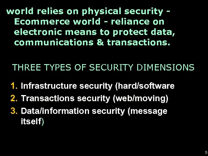 world relies on physical security Ecommerce world - reliance on electronic means to protect