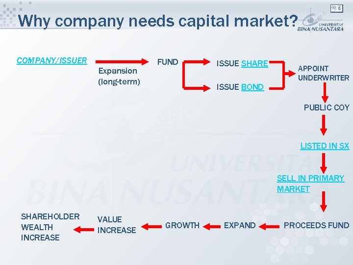 Why company needs capital market? COMPANY/ISSUER Expansion (long-term) FUND ISSUE SHARE ISSUE BOND APPOINT