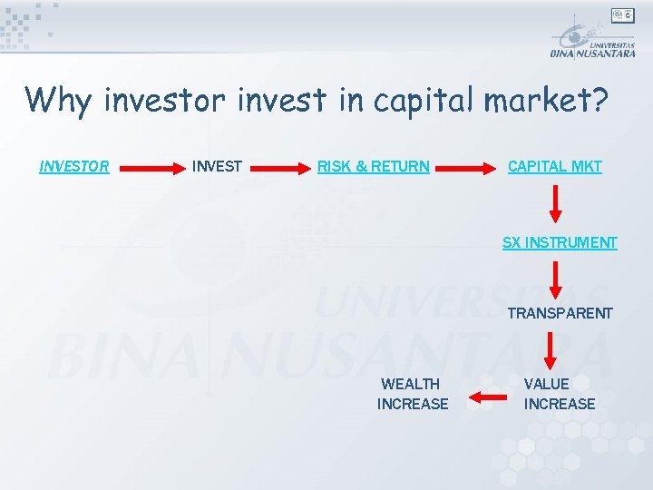 Why investor invest in capital market? INVESTOR INVEST RISK & RETURN CAPITAL MKT SX