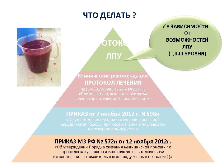 ЧТО ДЕЛАТЬ ? ПРОТОКОЛ ЛПУ üВ ЗАВИСИМОСТИ ОТ ВОЗМОЖНОСТЕЙ ЛПУ ( I, III УРОВНЯ)
