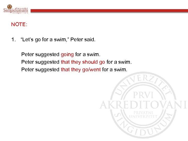 NOTE: 1. “Let’s go for a swim, ” Peter said. Peter suggested going for