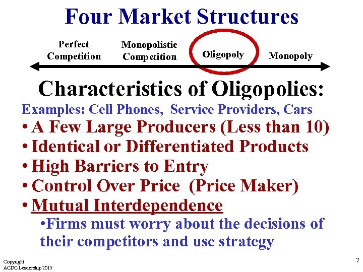 Four Market Structures Perfect Competition Monopolistic Competition Oligopoly Monopoly Characteristics of Oligopolies: Examples: Cell