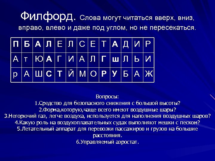 Филфорд. Слова могут читаться вверх, вниз, вправо, влево и даже под углом, но не