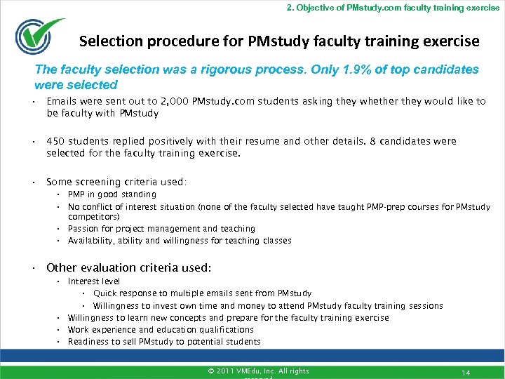 2. Objective of PMstudy. com faculty training exercise Selection procedure for PMstudy faculty training