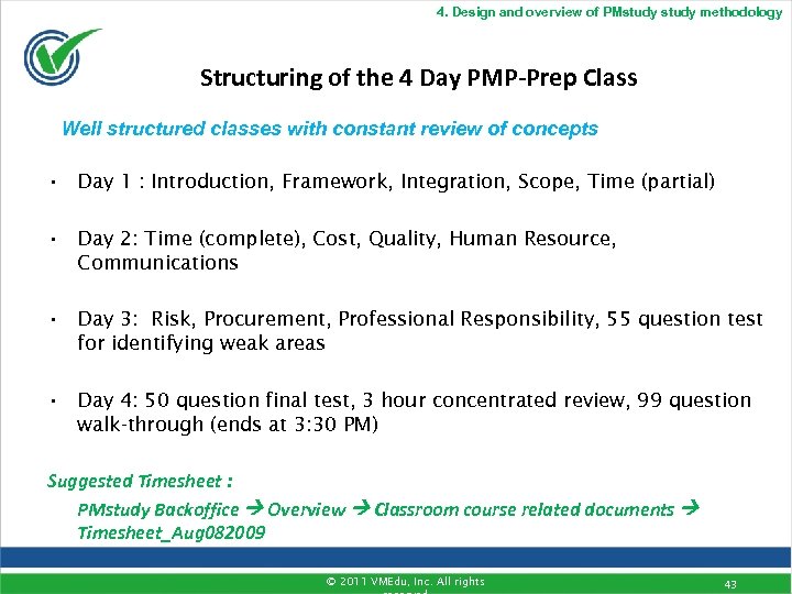 4. Design and overview of PMstudy methodology Structuring of the 4 Day PMP-Prep Class