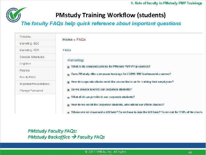 5. Role of faculty in PMstudy PMP Trainings PMstudy Training Workflow (students) The faculty
