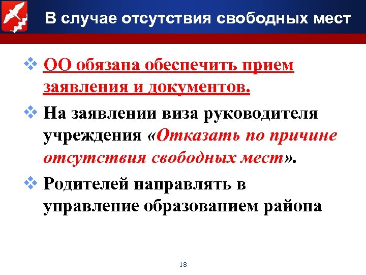 В случае отсутствия свободных мест v ОО обязана обеспечить прием заявления и документов. v