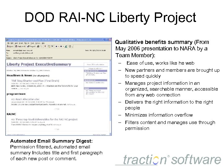 DOD RAI-NC Liberty Project Qualitative benefits summary (From May 2006 presentation to NARA by