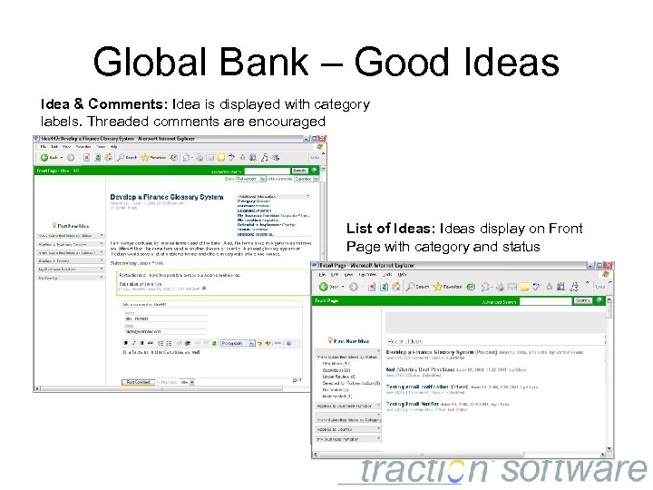 Global Bank – Good Ideas Idea & Comments: Idea is displayed with category labels.