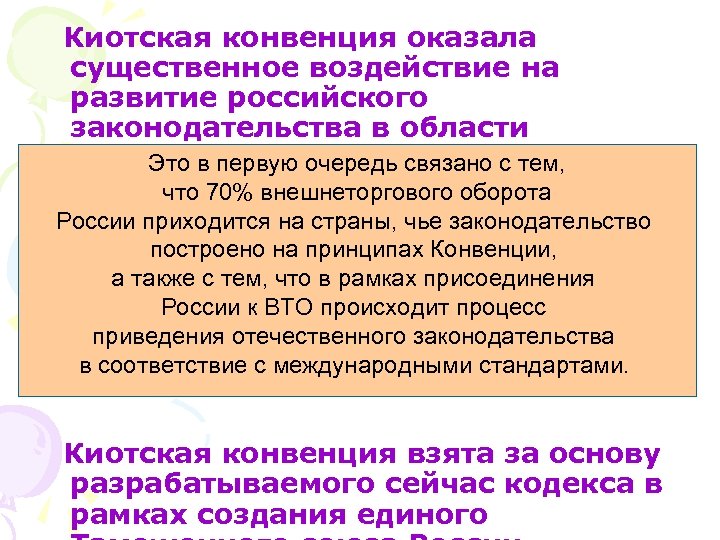  Киотская конвенция оказала существенное воздействие на развитие российского законодательства в области таможенного дела.