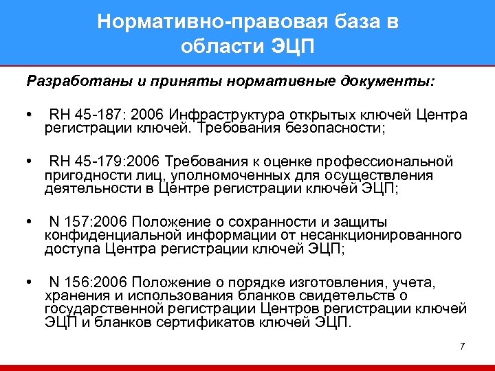 Нормативно-правовая база в области ЭЦП Разработаны и приняты нормативные документы: • RH 45 -187: