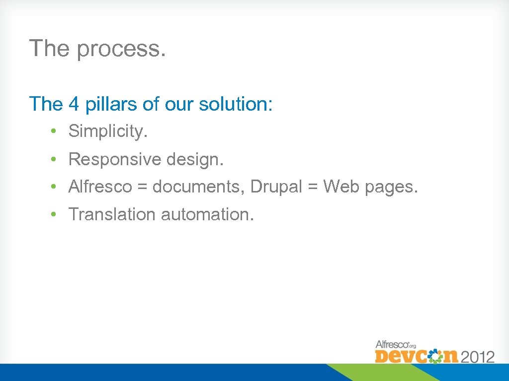 The process. The 4 pillars of our solution: • Simplicity. • Responsive design. •